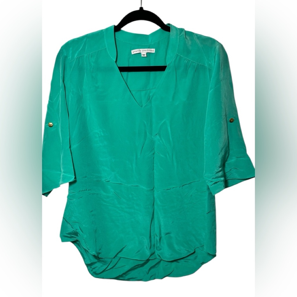 Amanda Uprichard Womens Emerald Green 100% Silk Roll Tab Sleeve Blouse Medium